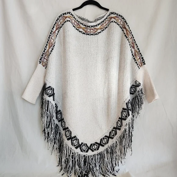 Fringed Knit Chenille Sweater Poncho - White and Black With Tan Detail. Western - Picture 1 of 5